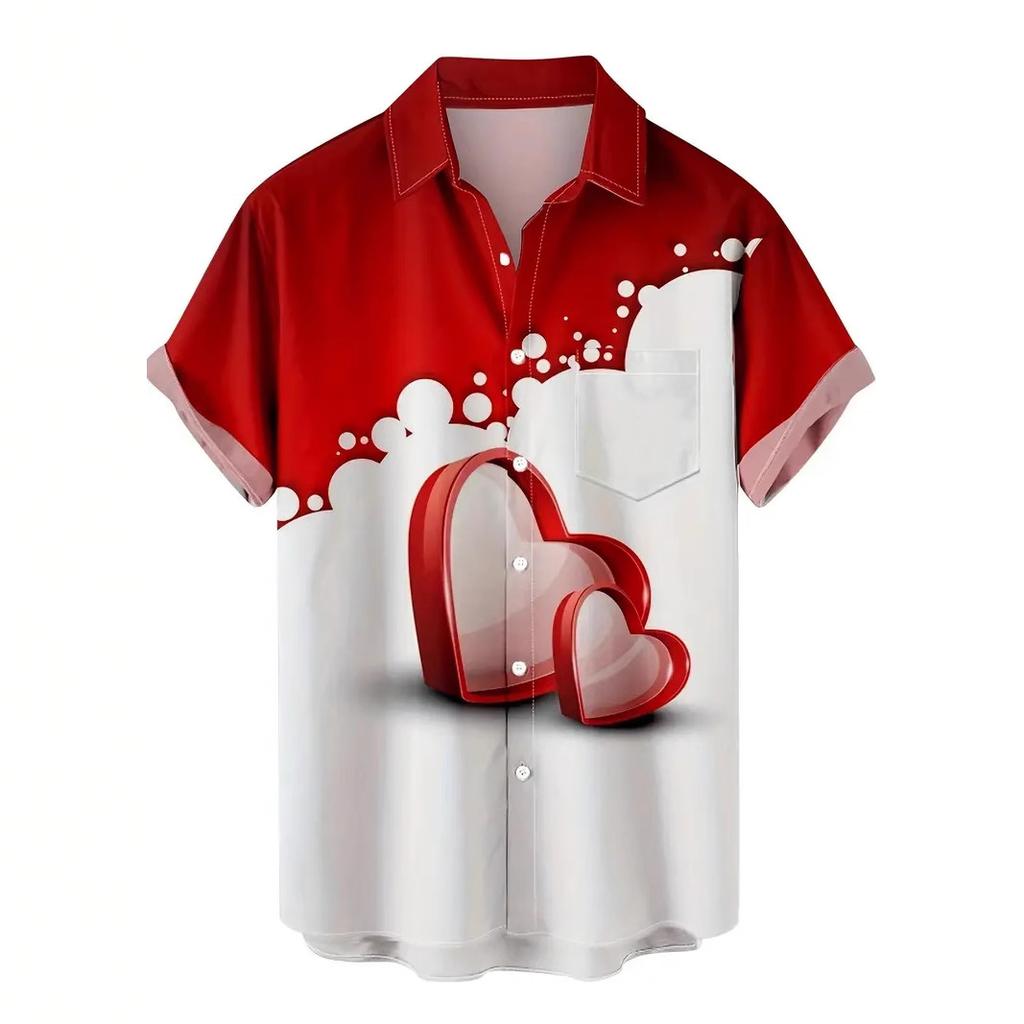 Trendy Short-sleeve Shirt with Love & Heart Prints, Casual and Versatile for Daily Wear.