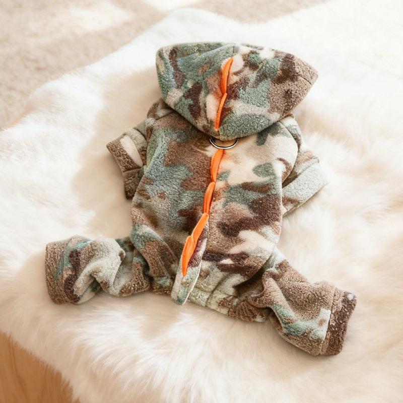 

Pet clothes autumn and winter small dog puppies happy dog cat warm camouflage dinosaur four-legged suit xs-bust 30, length 20cm, approx. 1.0-1.5kg