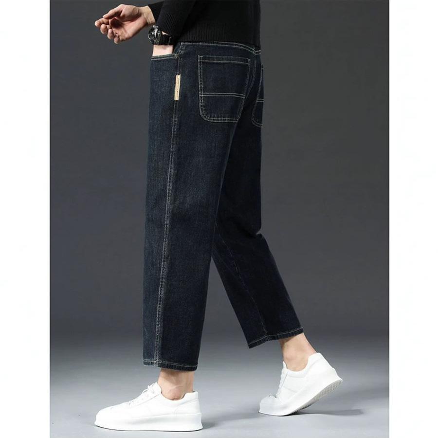 Autumn new four seasons European large size cotton soft blue gray straight eight-point jeans men's very light pants