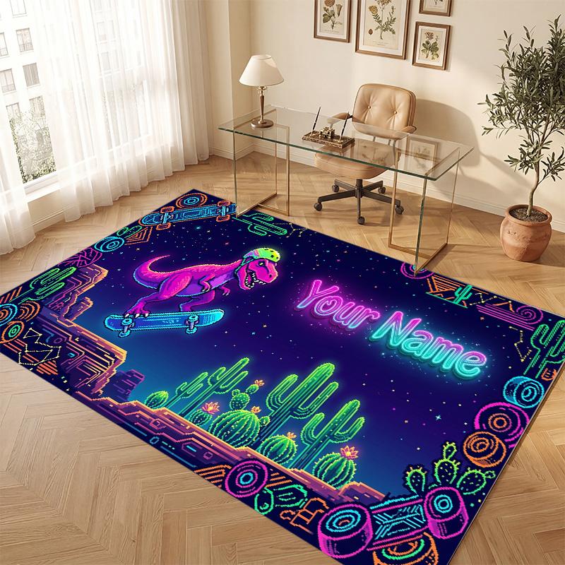 Dinosaur Theme Soft Crystal Velvet Rug Custom Name & Text Print Non Slip Floor Rug for Bedroom Living Room