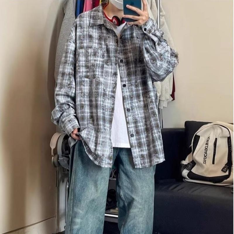 Spring and autumn high-end retro tie-dye plaid shirt men's long-sleeved versatile simple jacket