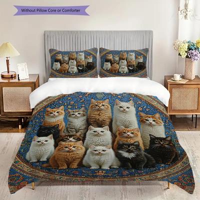 Kitten Pattern Bedding Quilt Set Quilt Cover Pillowcase Home Decoration Birthday Gift (1 * Duvet Cover + 2 * Pillowcase, Without Core)