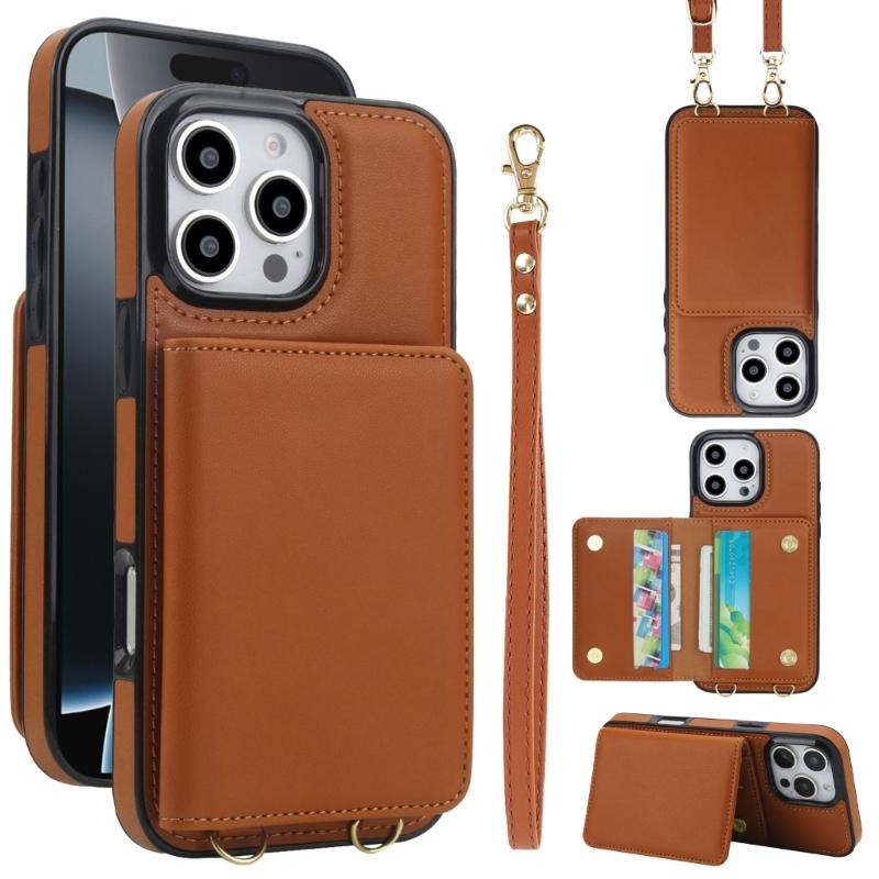 Magnetic Closure Cover for Phone 16 Series Kickstand Case with Card Holder Lanyard Shoulder Strap