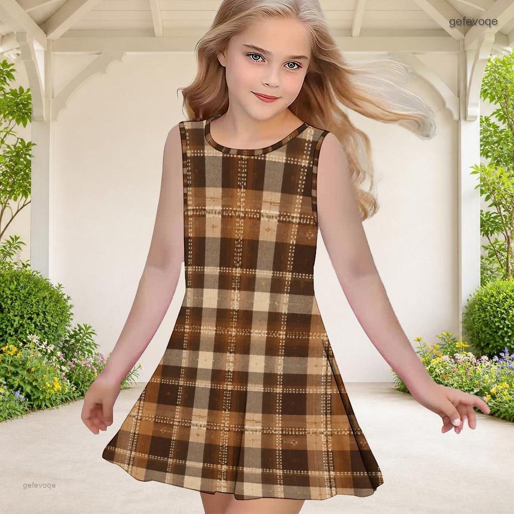 Girls Round Neck Sleeveless Geometric Printed A Line Flared Dress Blue Orange Beige