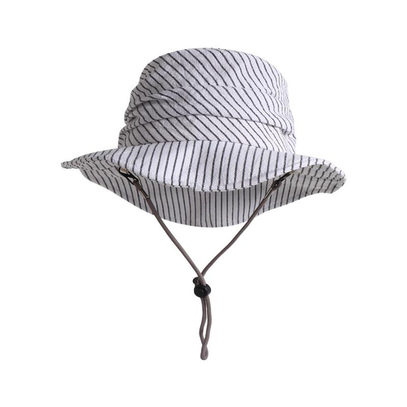Striped pleated flat top bucket hat women's summer cotton and linen thin breathable literary temperament basin hat sun hat