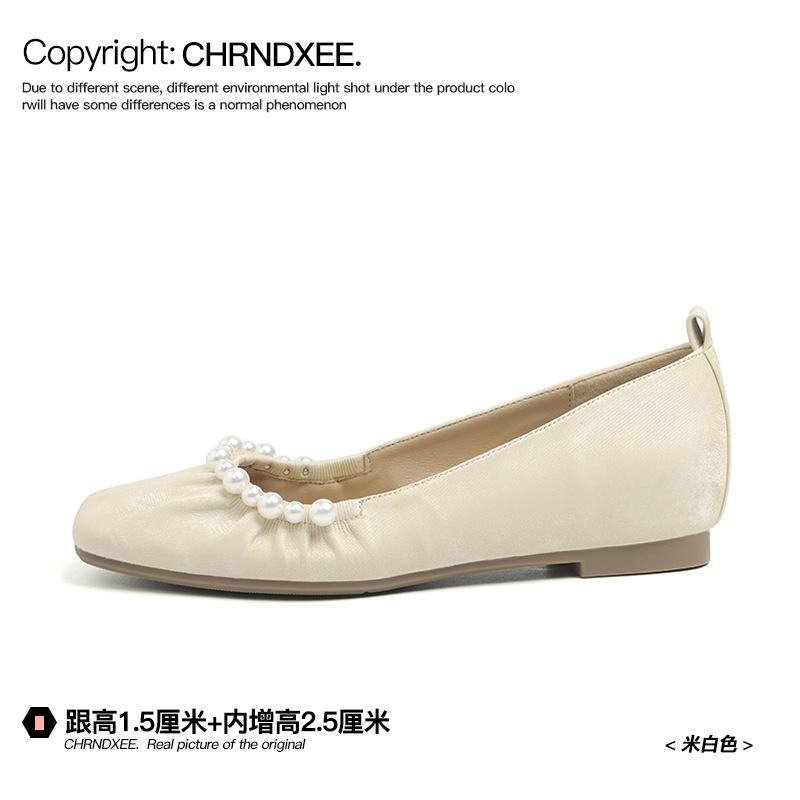 Sheepskin version~ square head pearl flat bottom shallow mouth single shoes women's new soft sole gentle low heel grandma shoes