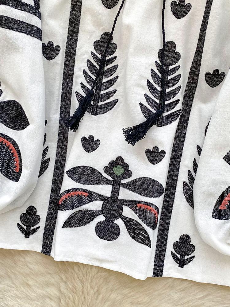 Primavera Otoño Nuevo Vintage Camisa Manga Farol Mujer Bordado Cuello Redondo Tirante Suelto Casual Blusa Top