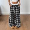 Pantaloni Casual Lunghi a Quadri con Vita Elastica e Gamba Larga, Stile Vintage Rilassato, per Donna
