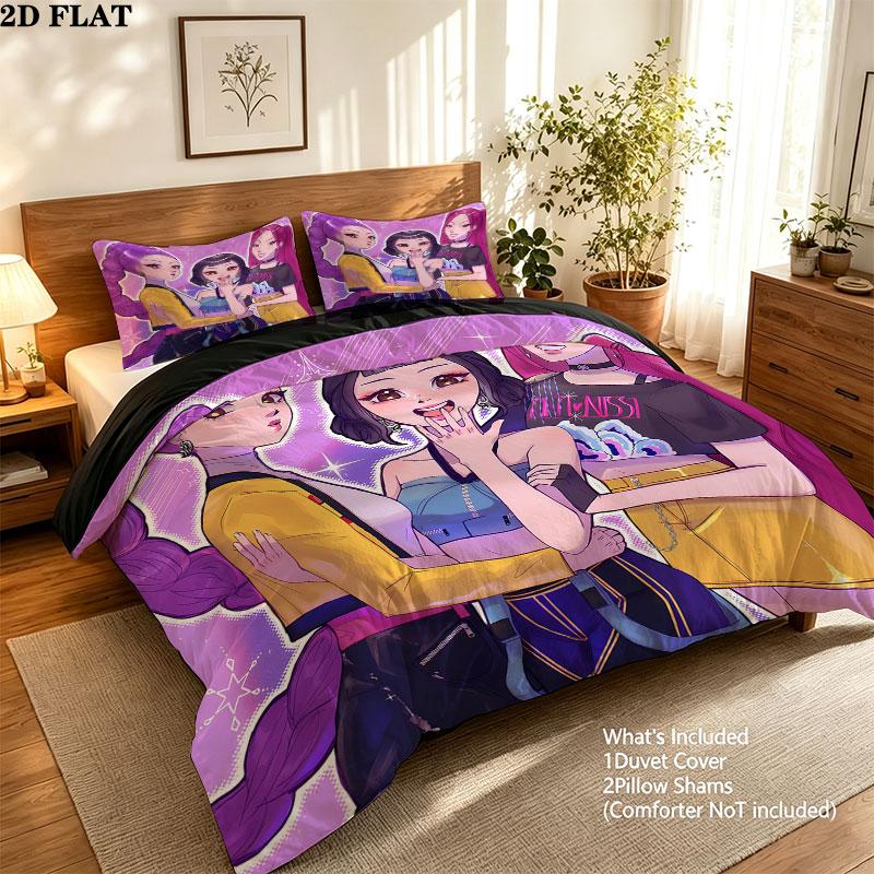 Ensemble de couette Kpop Demon Hunters Motif Housse de couette Taie d'oreiller Maison Cadeau d'anniversaire(1 housse de couette + 2 taies d'oreiller, sans garniture.)