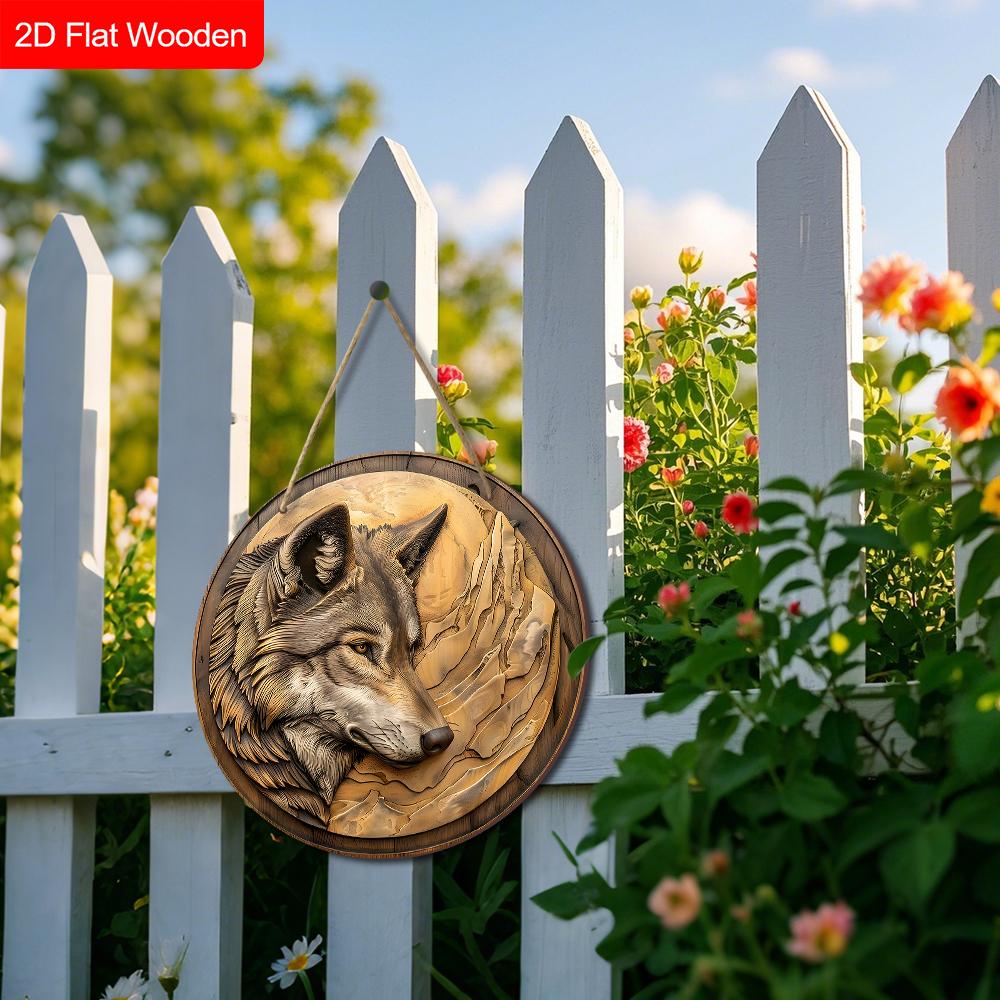 Unik träskylt med vargmönster - Rustik rund skylt för ytterdörr, vägghängande dekor - Idealisk present till vän & familj