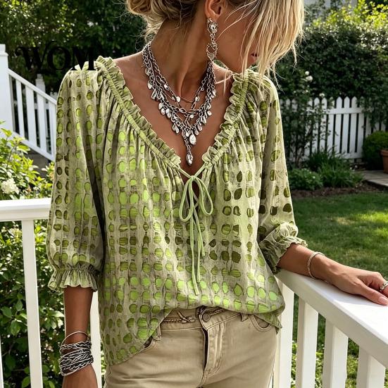 Comoda Maglietta da Viaggio da Donna Estiva Casual, Blusa con Scollo a V e Laccetti, Maniche 3/4, Blusa a Quadri Oversize con Stampa, Top Larghi e Svasati, Leggera