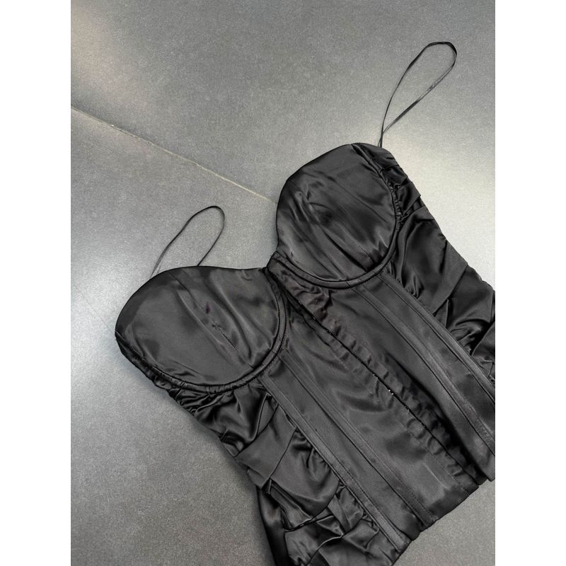 

Foreign Trade Order Booho * Black Pleat Fishbone Tube Top Hook Buckle Top Advanced Acetate Texture Tube Top Vest Black Fishbone ruched Tube Top Size 10 = M