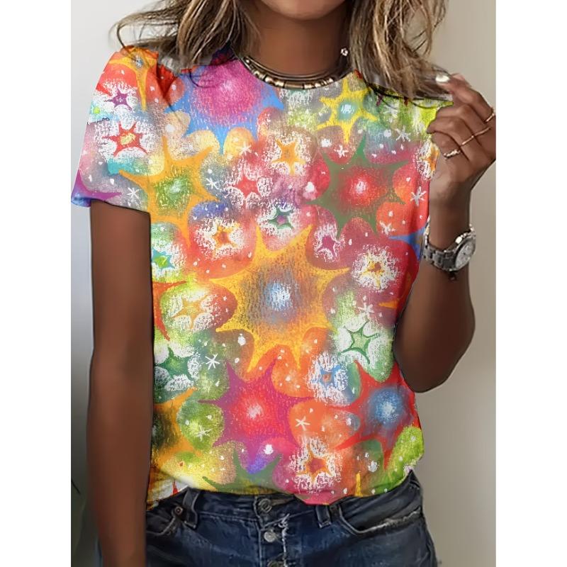 

A Sense of Niche Design!Yuanqi Spray Painted Rainbow Fireworks Graffiti T-shirt,loose and Slimming Versatile Top for Women in 3D 5XL