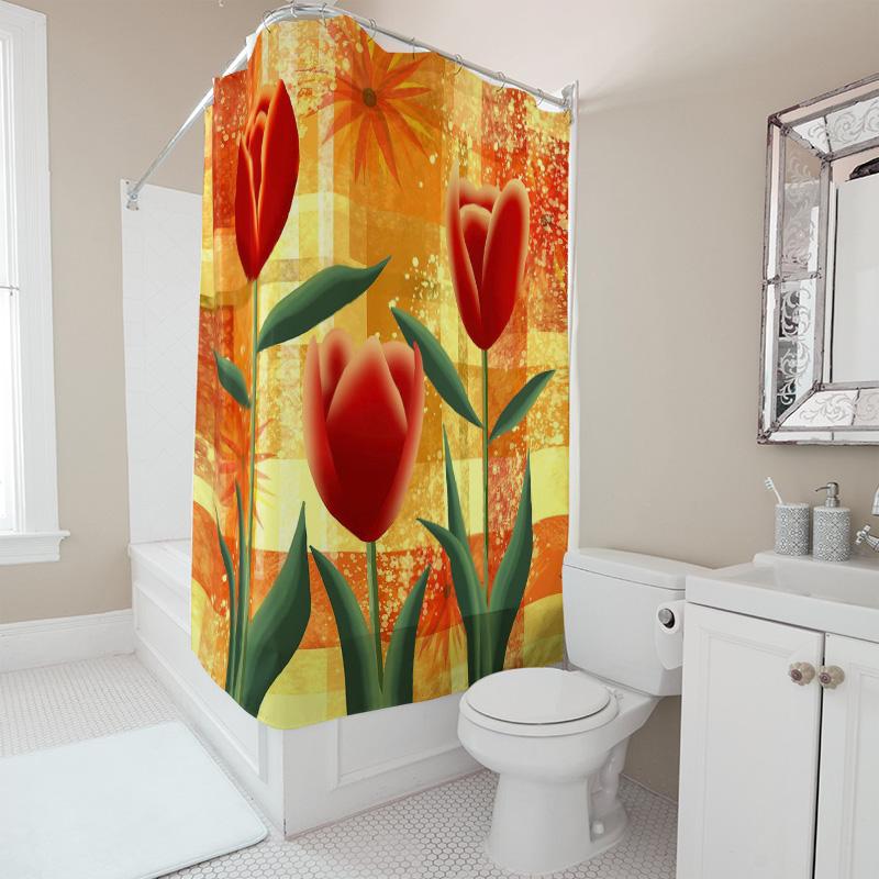 Tulip Shower Curtain Red Flower Design Polyester Waterproof Bathroom Decor With Yellow Orange Background Size 180X245Cm