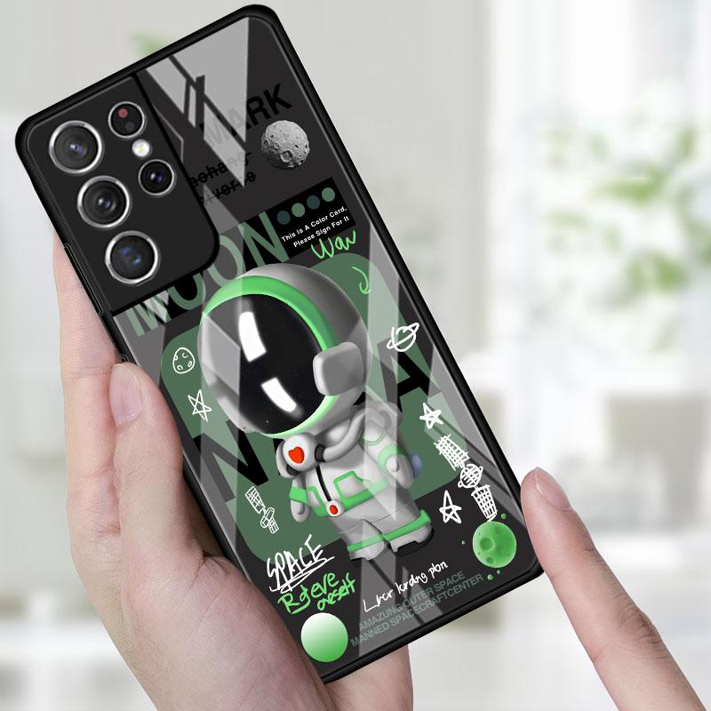 Phone Glass Case For Samsung Galaxy S22 S21 S20 Ultra FE S9 S10 S8 Plus Note 20 10 Lite 9 8 Cover Coque Cute Head Mini Astronaut