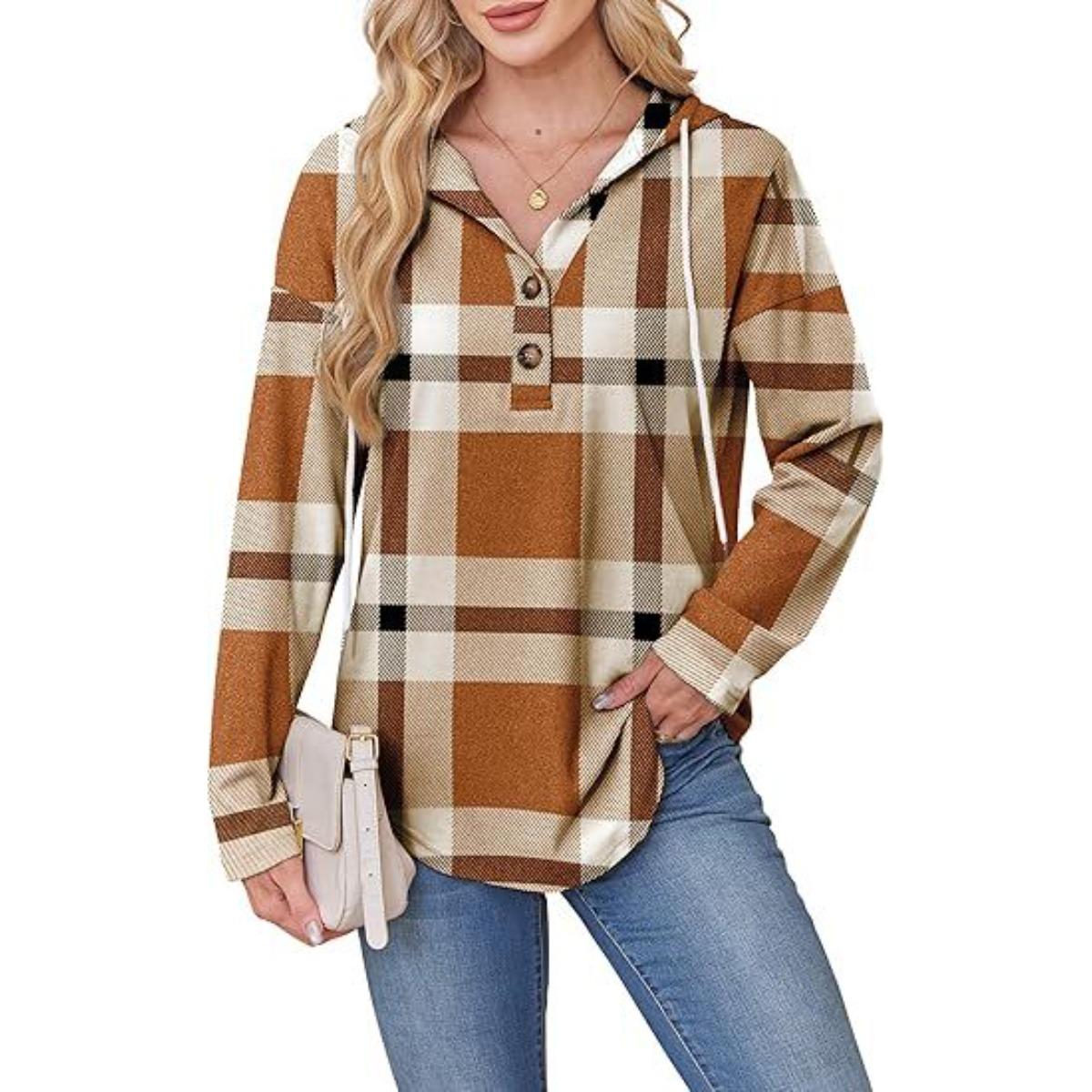 Women s Hooded V Neck Button Plaid Long Sleeve Loose Fit Pullover Sweatshirt Plaid Blouse Top S