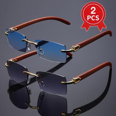 2pc Y2k Women's Frameless Fashion Glasses Classic Design Wood Grain Temple Men's and Women's Party Glasses