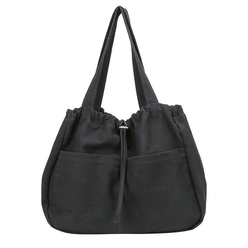 

Japanese Casual Drawstring Handbag Ins Retro Solid Color Washing Canvas Bag One-shoulder Female Small Square чорний