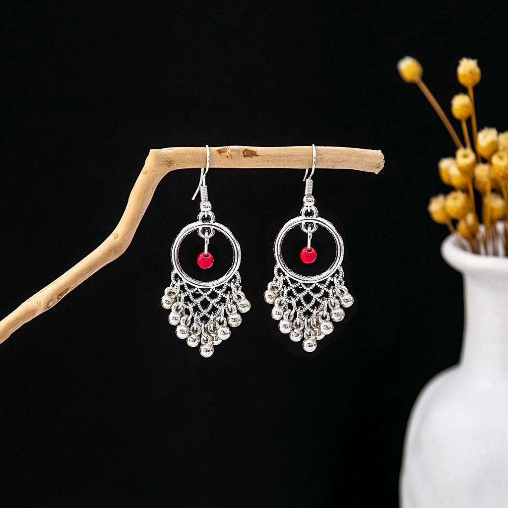 Bohemian Ethnic Tassel Earrings In Miao Silver with Turquoise