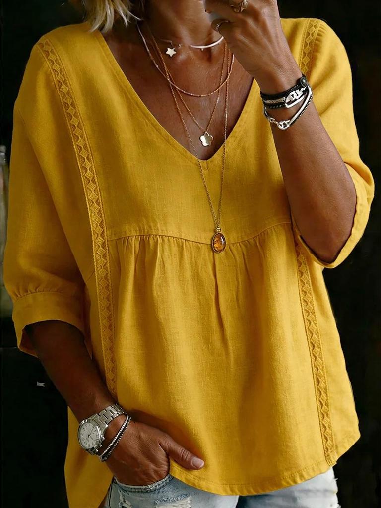 2026 Women's Multi-color Casual Lace V-Neck Pullover Top with Three-Quarter Sleeves