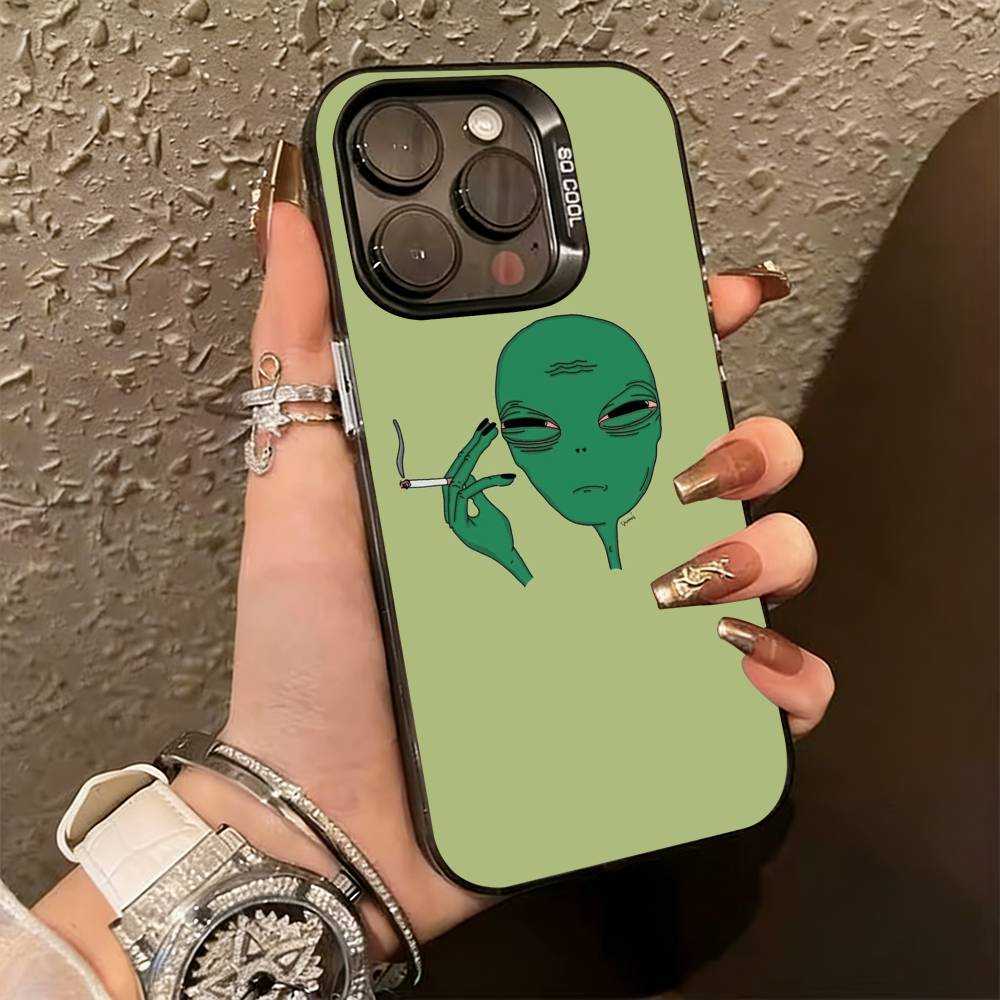 Funny Space UFO A-alien T-thing Phone Case For iPhone 17,16,15,14,13,12,11 Plus,Pro Max,XS,Colored Silver Plated Inside Cover