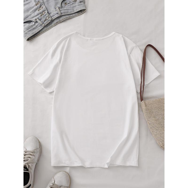 T-shirt de sport court à manches courtes pour femme, taille européenne, avec motif cœur et motif dessin animé, transfert thermique, T-shirt confortable et doux à col rond