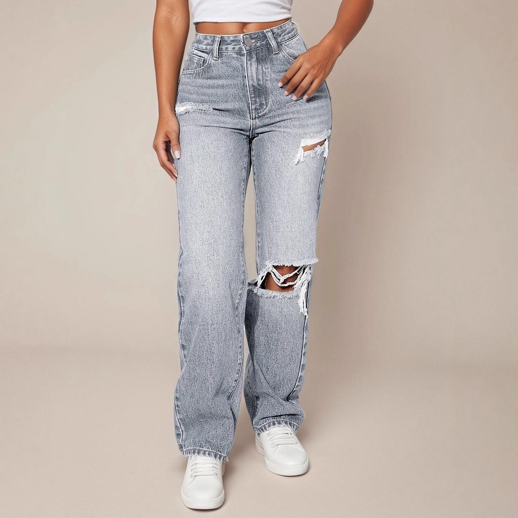 Women's Mid Rise Straight Leg Jeans Vintage Washed Ripped Loose Slim Denim Trousers Hip Hop Streetwear Long Pants