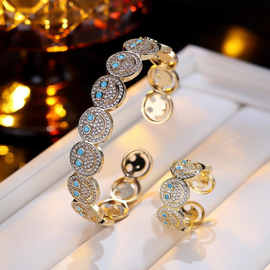 Women Smile Face Bracelet Ring Set Fashion Minimalist Zircon Jewelry Perfect For Party Gathering Wear