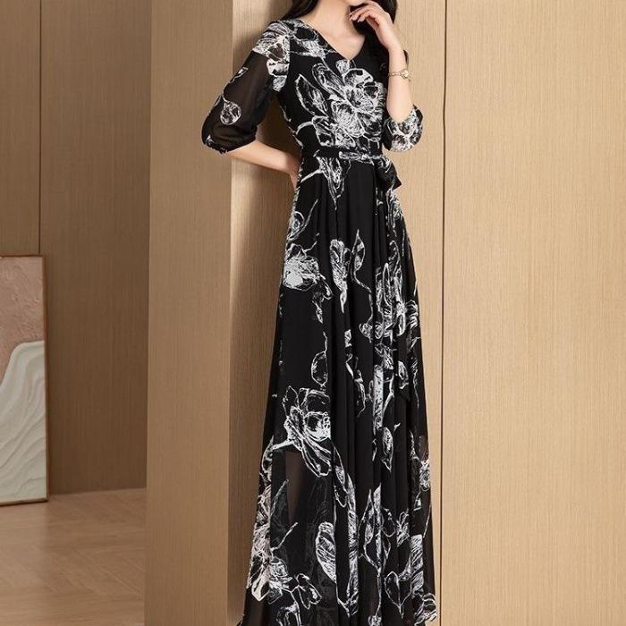 Women s Summer Mid-Waist Five-Sleeve Resort Dress - Slimming Long Skirt with Large Swing and Stylish Print 2XL чёрный