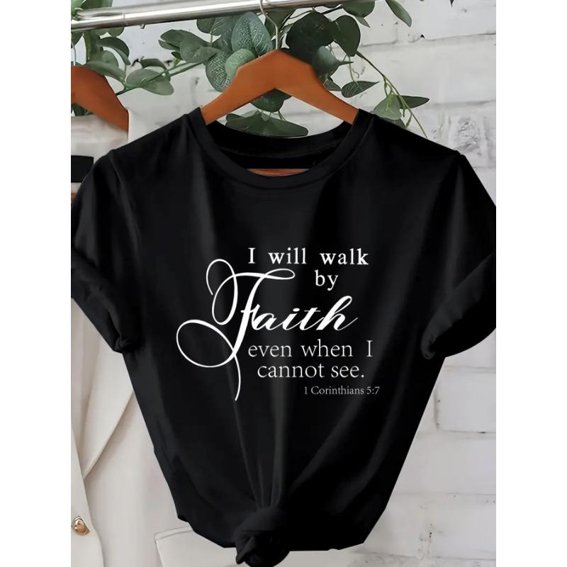 Walk By Faith Women's Tee - Bible Verse Graphic Pink Casual Top