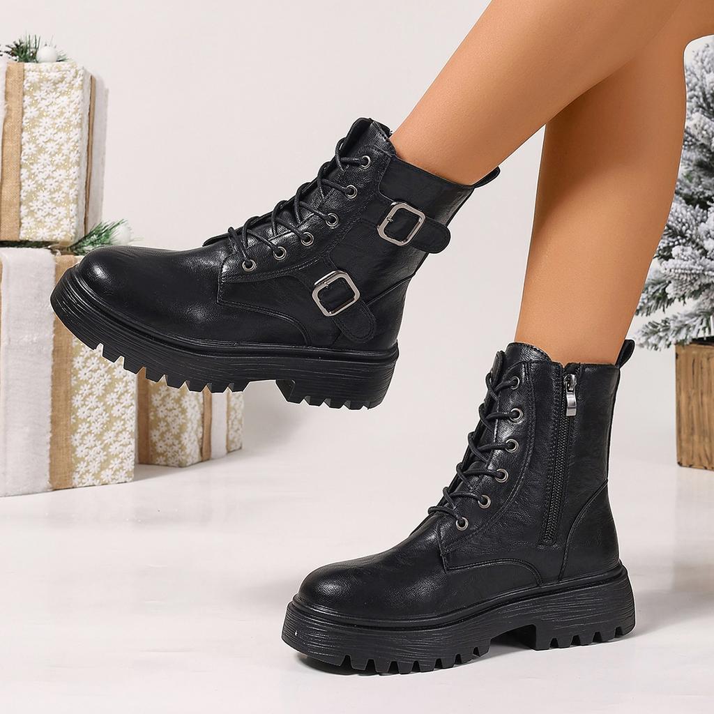 Women's Black Platform Combat Boots Fashion Buckle Strap PU Leather Ankle Boots Woman Plus Size Non Slip Motorcycle Botas Mujer