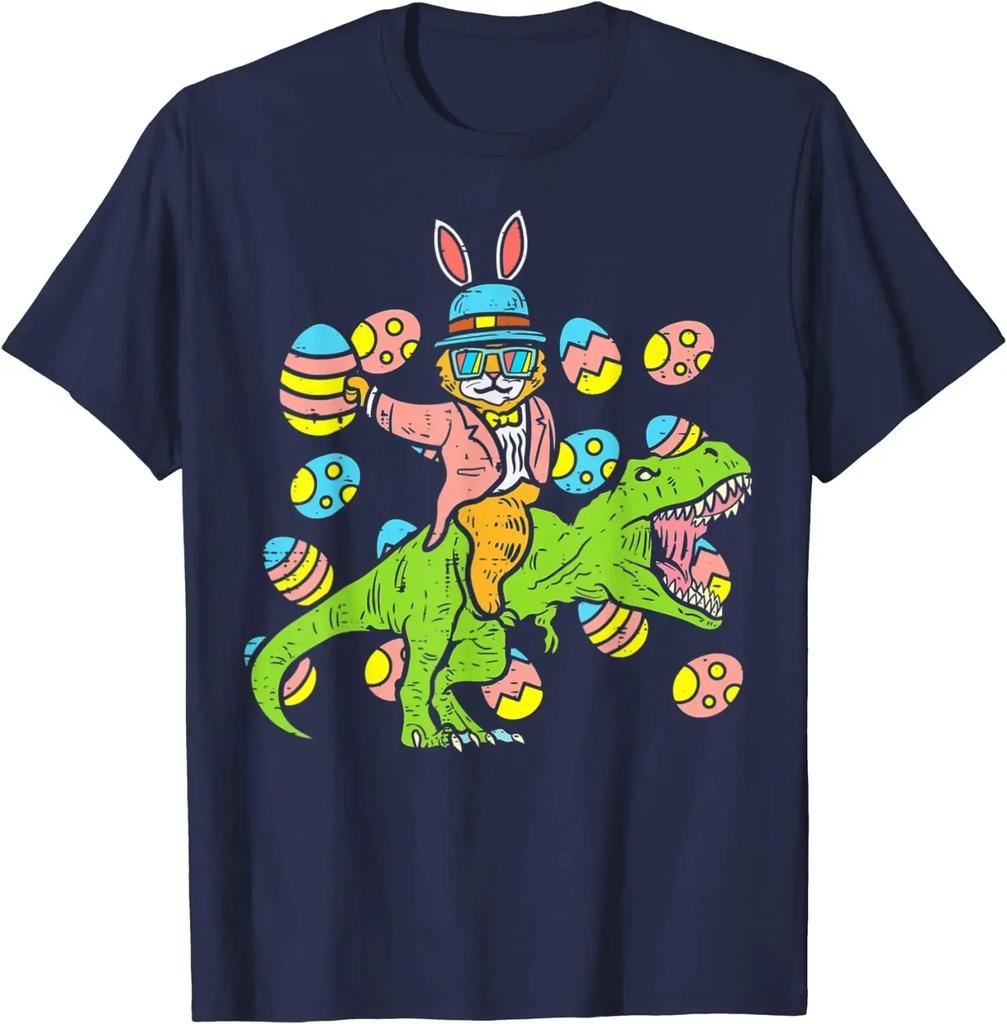 Cat Easter Bunny Riding Dino Egg Hunt Dinosaur Boys Young Kids T-Shirt Men Clothing Vintage T Shirt Four Seasons Tees