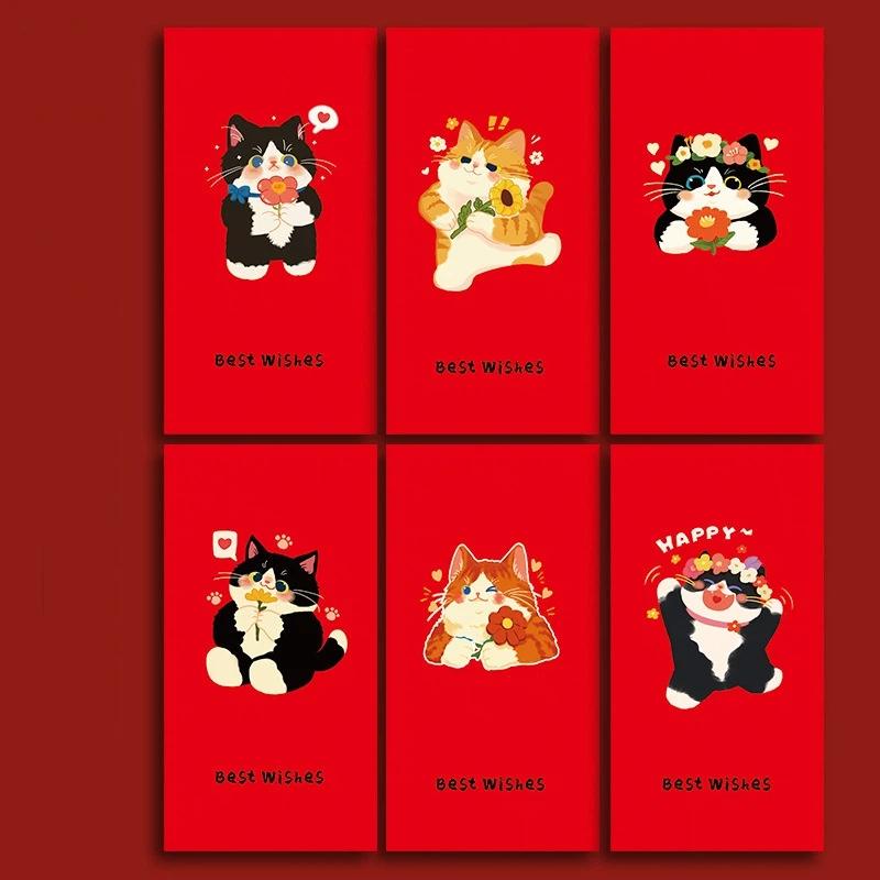 6Pcs Cute Antiquity Lucky Cat Red Envelope Thickened Rectangular Red Packet Colorful Lucky Money Bag Kids