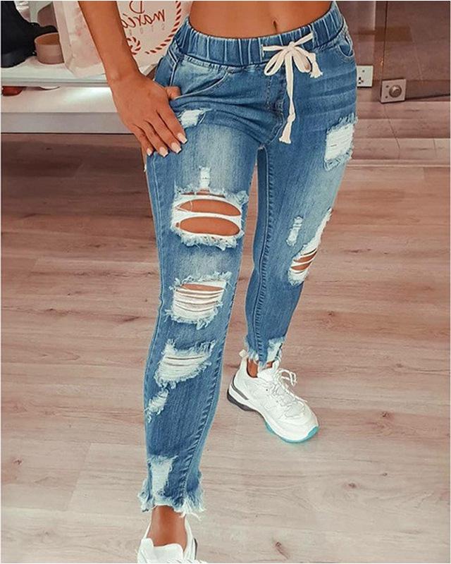 Jeans da Donna 2023 a Vita Alta Strappati Elasticizzati con Lacci in Pizzo