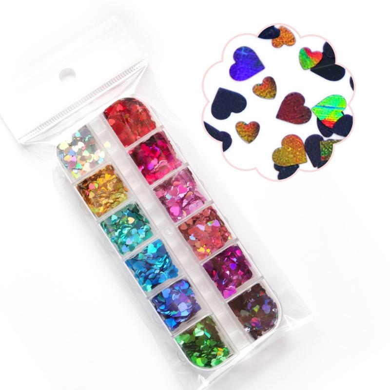12 Grids/Box 5mm 3D Shiny Love Heart Sequins Manicure Paillettes Holographic Glitter Flakes for Epoxy Resin Mold Filling