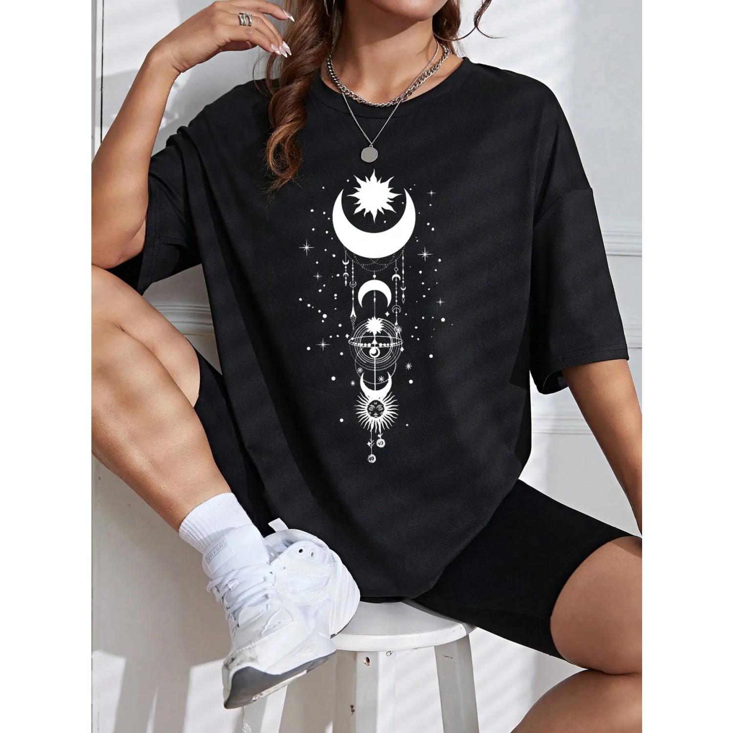 Moon Print Drop Shoulder Tee S чёрный