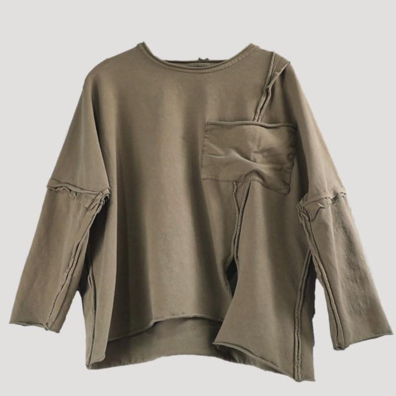 Johnature Camisetas Vintage Irregulares para Mujer Color Sólido Manga Larga Cuello O Primavera Holgadas Suaves