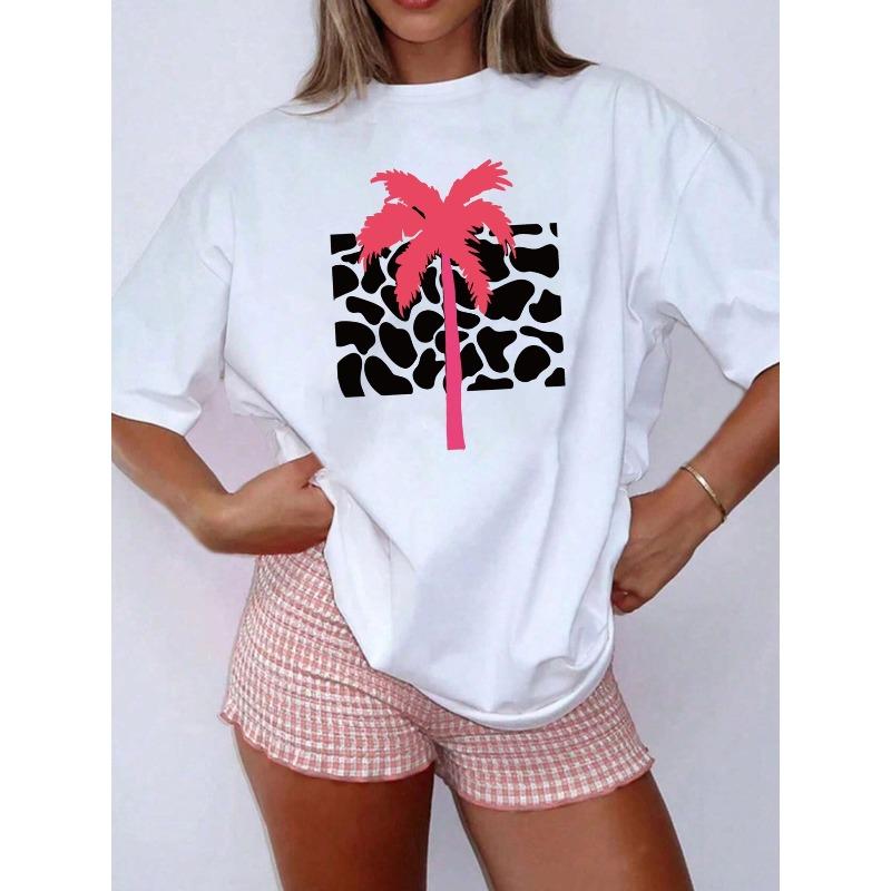 

Plus Size - Plus Size - Casual Short-Sleeve Crew Neck T-Shirt with a Hawaiian Palm Tree Print, Perfect for Spring And Summer S белый