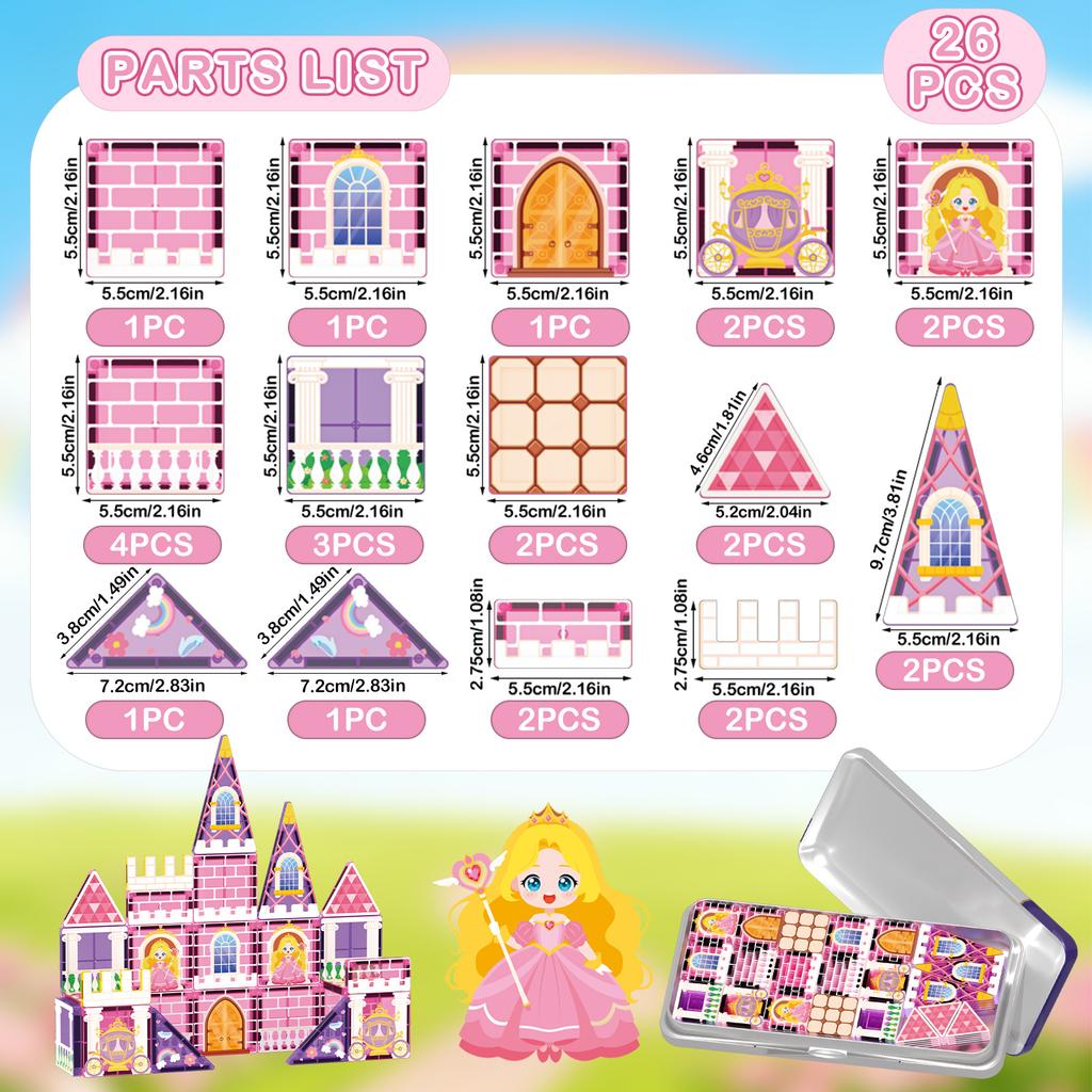 Magnetische Bausteine für Kinder - Prinzessinnenburg Magnetische Fliesen Spielzeug für 3-8 Jährige Mädchen & Jungen Geburtstags-Weihnachtsgeschenke - STEM Lernspielzeug