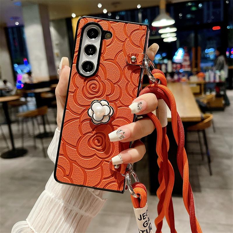 Crossbody kožené kvetinové puzdro na telefón pre Samsung Galaxy Z Fold 6 5 4 3 Fold6 Fold5 Fold4 Fold3 5G Hard Shell Shockproof Cover