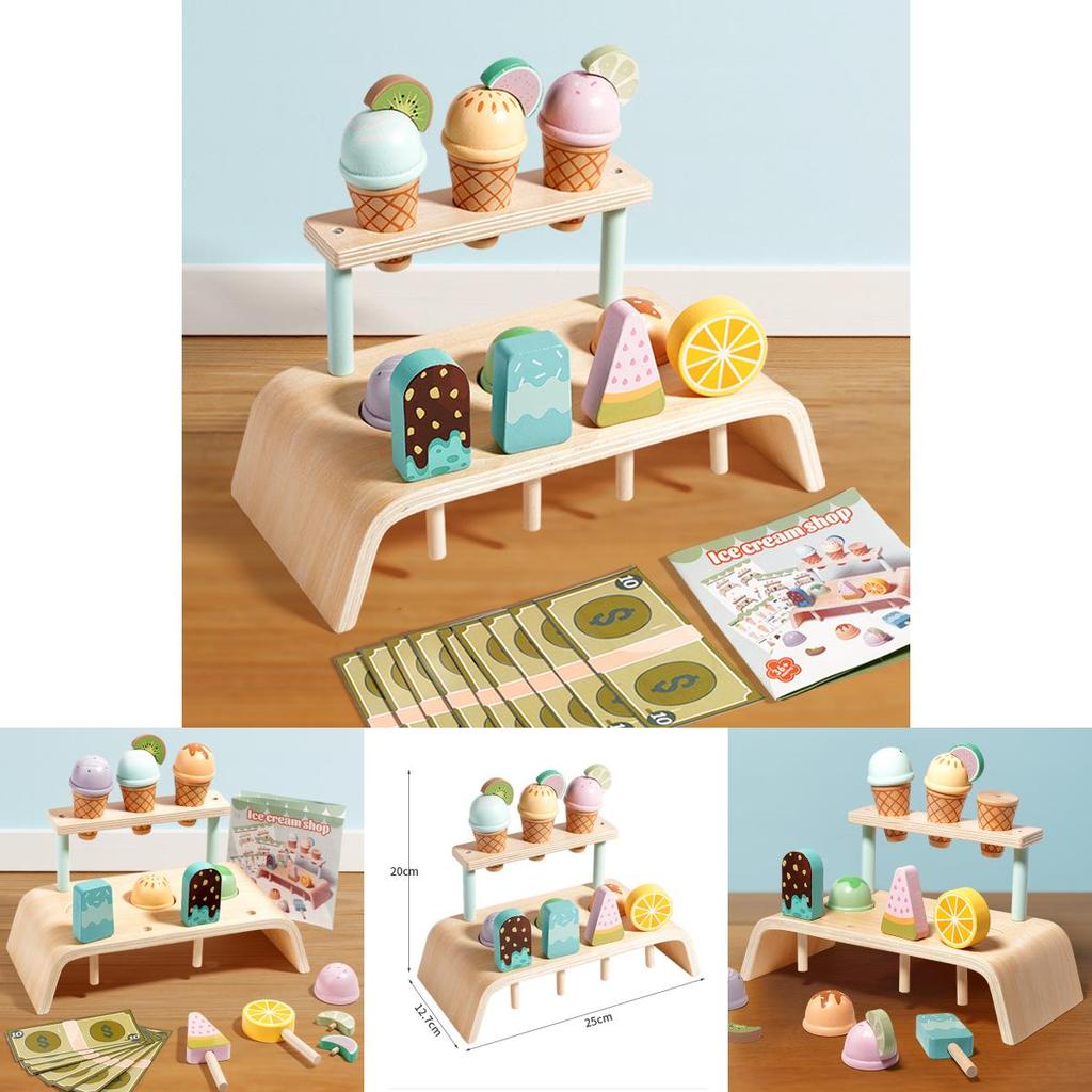 Wooden Simulation Ice Cream Shelf Children Puzzle Interactive Toy For Imaginative Role Play