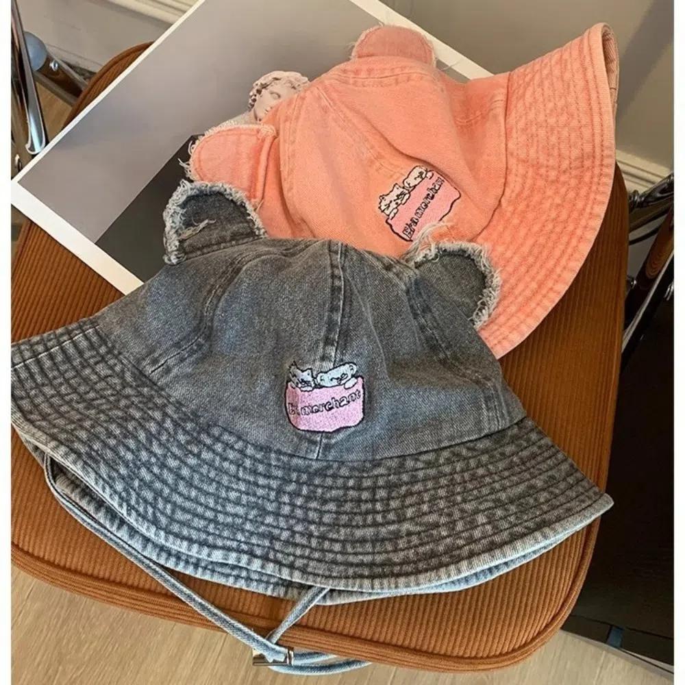 UV Protection Sun Denim Hat Sunscreen Lace-up Bucket Cap Bear Ears Hiking Fisherman Hat  Fishing