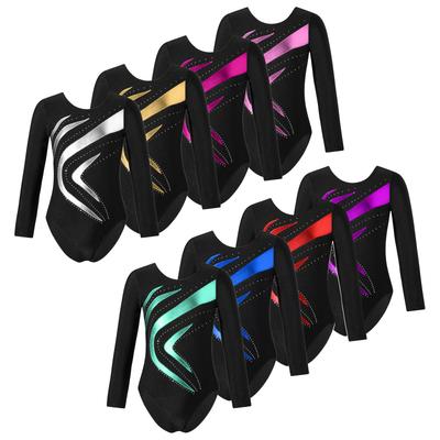 Top da Esibizione da Ragazza con Strass: Elegante Patchwork in Tessuto Bronzato su Body Vestibilità Slim, Manica Lunga per Palco e Allenamento