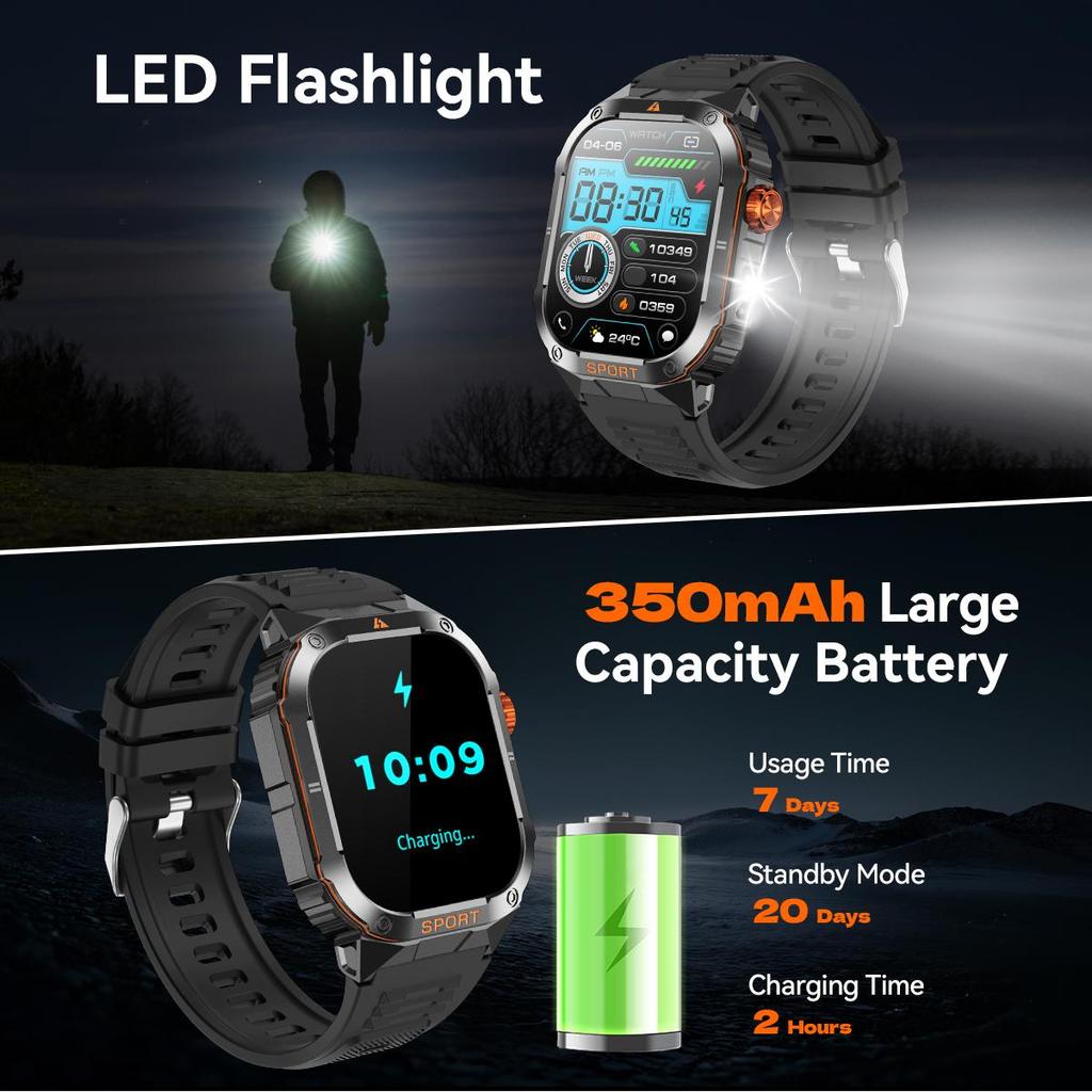 QTLLBT Ceas inteligent militar cu apel Bluetooth, rezistent la apă IP67, monitor de ritm cardiac și tensiune arterială, monitor de fitness și pedometru bărbați femei