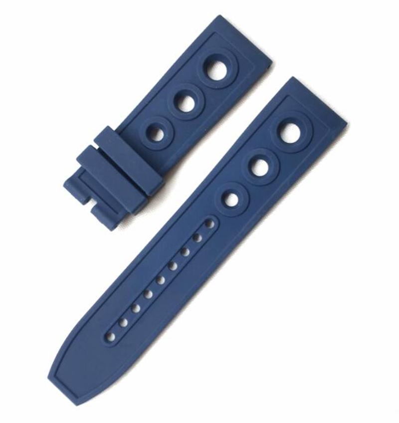 

New Luxury Blue Red Black Yellow Silicone Rubber Watchband 22mm Smooth Hole Strap Fit For Breit-ling Avenger Superocean Watch 22mm&silver clasp синий
