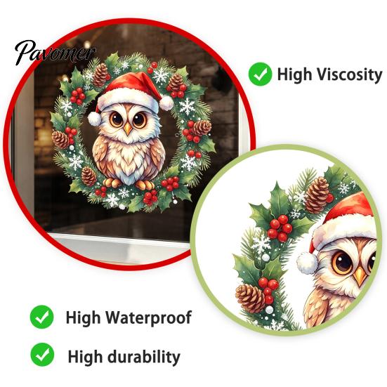 Indoor Winter Scene Decor Christmas Owl Wreath Static Window Cling, Holiday Glass Sticker, Clings No‑Glue Reusable Decal for Home Shop Festive