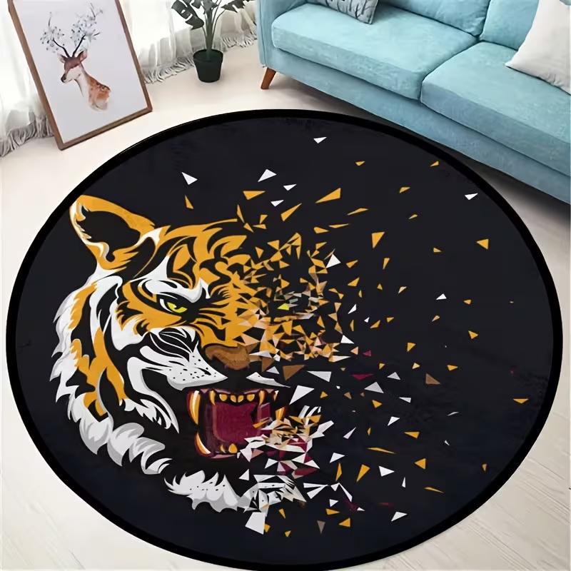 Fractured Geometric Tiger Head Round Rug Bold Wild Animal Print Non Slip Carpet Modern Street Style Mat Gaming Room Rug