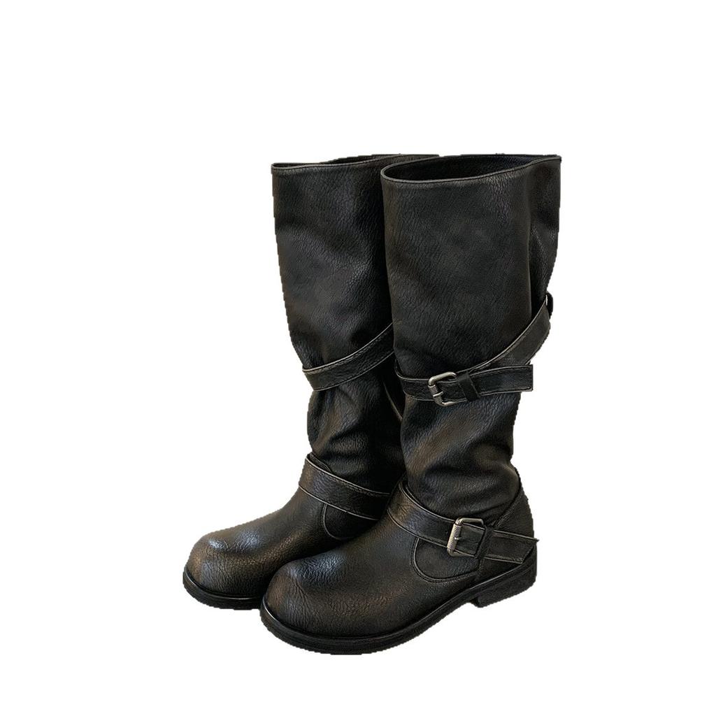 Retro Spice Girl Fashion Wide Tube Big Tube Circumference Round Head Pants Boots Thick Heel Thick Bottom Medium Length Knight Boots Women