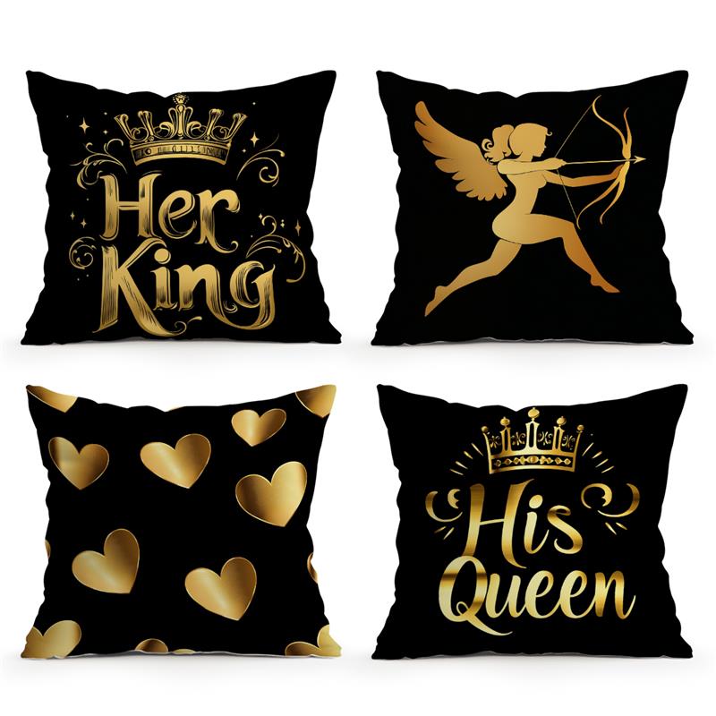 1Pc King And Queen Cushion Covers Black Polyester Pillow Cover For Home Sofa Chair Bed Car Party Table Decoration