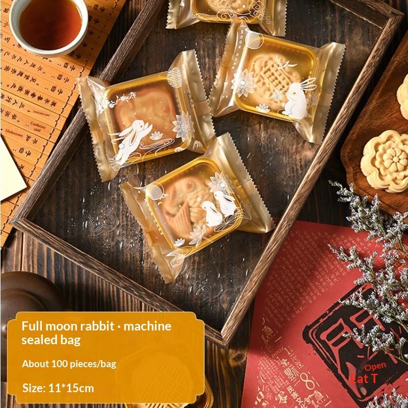 100Pcs Sealable Mooncake Packaging Bags Adorable Rabbit Prints Food Grade for Mid-Autumn Festival Baking Store Gift Packaging Use